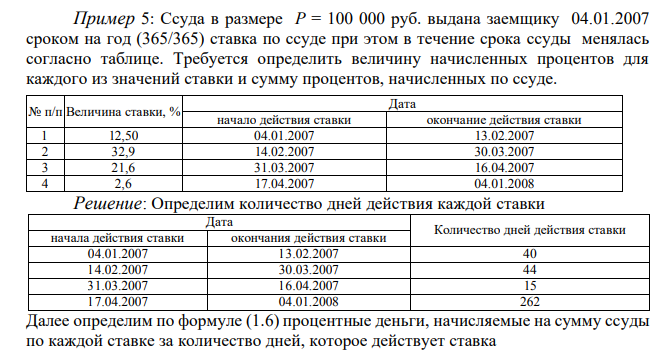  Ссуда в размере P = 100 000 руб. выдана заемщику 04.01.2007 сроком на год (365/365) ставка по ссуде при этом в течение срока ссуды менялась согласно таблице. Требуется определить величину начисленных процентов для каждого из значений ставки и сумму процентов, начисленных по ссуде  № п/п Величина ставки, % Дата начало действия ставки окончание действия ставки 1 12,50 04.01.2007 13.02.2007 2 32,9 14.02.2007 30.03.2007 3 21,6 31.03.2007 16.04.2007 4 2,6 17.04.2007 04.01.2008 