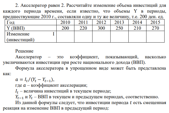 Акселератор равен 2. Рассчитайте изменение объема инвестиций для каждого периода времени, если известно, что объемы Y в периоды, предшествующие 2010 г., составляли одну и ту же величину, т.е. 200 ден. ед. 