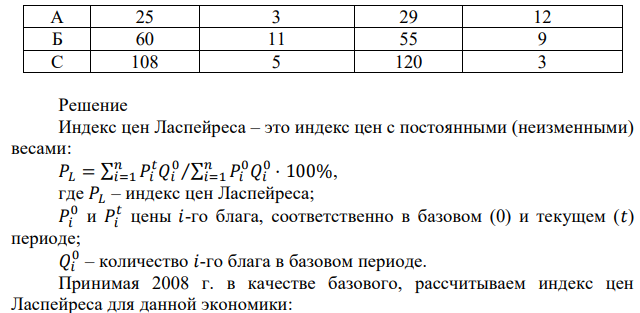 Предположим, что производятся и потребляются 3 блага. В таблице представлено количество и цена каждого из них за два периода. Рассчитать индекс Ласпейреса, индекс Пааше и индекс Фишера. 