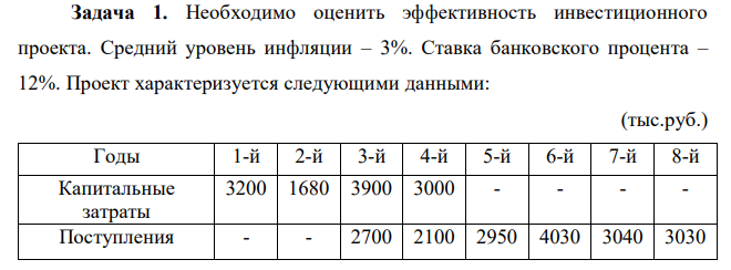  Необходимо оценить эффективность инвестиционного проекта. Средний уровень инфляции – 3%. Ставка банковского процента – 12%. Проект характеризуется следующими данными: (тыс.руб.) Годы 1-й 2-й 3-й 4-й 5-й 6-й 7-й 8-й Капитальные затраты 3200 1680 3900 3000 - - - - Поступления - - 2700 2100 2950 4030 3040 3030