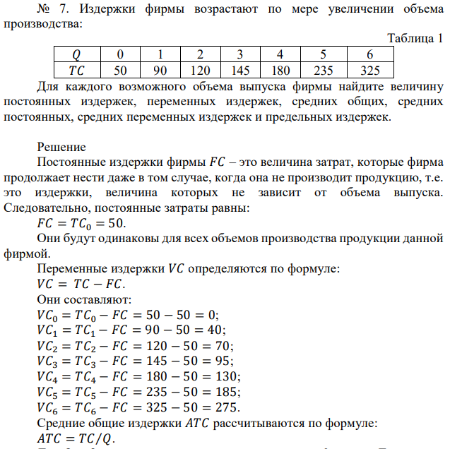 Издержки фирмы возрастают по мере увеличении объема производства: Таблица 1 𝑄 0 1 2 3 4 5 6 𝑇𝐶 50 90 120 145 180 235 325 Для каждого возможного объема выпуска фирмы найдите величину постоянных издержек, переменных издержек, средних общих, средних постоянных, средних переменных издержек и предельных издержек.
