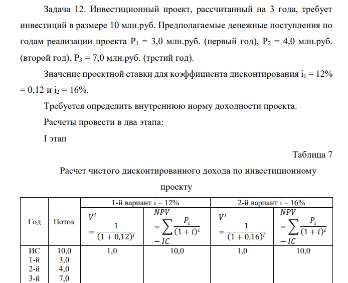  Инвестиционный проект, рассчитанный на 3 года, требует инвестиций в размере 10 млн.руб. Предполагаемые денежные поступления по годам реализации проекта P1 = 3,0 млн.руб. (первый год), P2 = 4,0 млн.руб. (второй год), P3 = 7,0 млн.руб. (третий год). Значение проектной ставки для коэффициента дисконтирования i1 = 12% = 0,12 и i2 = 16%. Требуется определить внутреннюю норму доходности проекта. Расчеты провести в два этапа: I этап Таблица 7 Расчет чистого дисконтированного дохода по инвестиционному проекту Год Поток 1-й вариант i = 12% 2-й вариант i = 16% 𝑉 𝑖 = 1 (1 + 0,12) 𝑖 𝑁𝑃𝑉 = ∑ 𝑃𝑖 (1 + 𝑖) 𝑖 − 𝐼𝐶 𝑉 𝑖 = 1 (1 + 0,16) 𝑖 𝑁𝑃𝑉 = ∑ 𝑃𝑖 (1 + 𝑖) 𝑖 − 𝐼𝐶 ИС 1-й 2-й 3-й 10,0 3,0 4,0 7,0 1,0 10,0 1,0 10,0 Итого II этап  121 По данным таблицы рассчитать внутреннюю норму доходности проекта по двум вариантам. 