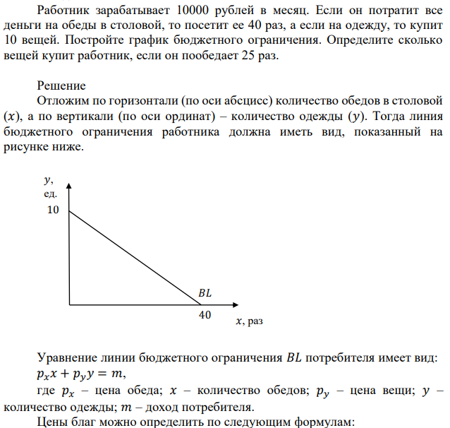 Работник зарабатывает 10000 рублей в месяц. Если он потратит все деньги на обеды в столовой, то посетит ее 40 раз, а если на одежду, то купит 10 вещей. Постройте график бюджетного ограничения. Определите сколько вещей купит работник, если он пообедает 25 раз. 