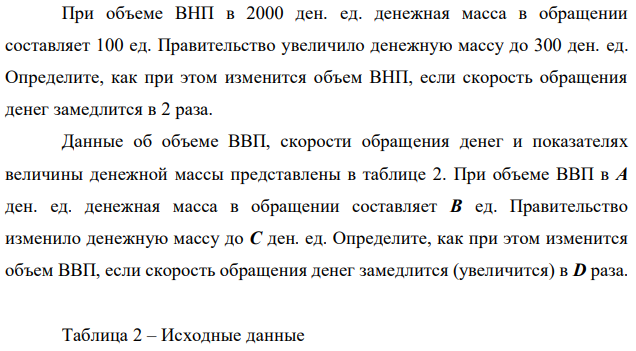 При объеме ВНП в 2000 ден. ед. денежная масса в обращении составляет 100 ед. Правительство увеличило денежную массу до 300 ден. ед. Определите, как при этом изменится объем ВНП, если скорость обращения денег замедлится в 2 раза. Данные об объеме ВВП, скорости обращения денег и показателях величины денежной массы представлены в таблице 2. При объеме ВВП в А ден. ед. денежная масса в обращении составляет В ед. Правительство изменило денежную массу до С ден. ед. Определите, как при этом изменится объем ВВП, если скорость обращения денег замедлится (увеличится) в D раза. 