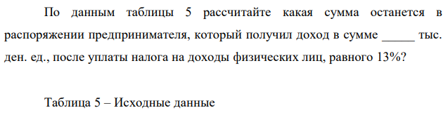 По данным таблицы 5 рассчитайте какая сумма останется в распоряжении предпринимателя, который получил доход в сумме _____ тыс. ден. ед., после уплаты налога на доходы физических лиц, равного 13%?