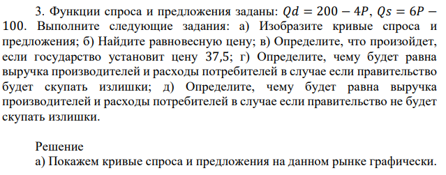 Функции спроса и предложения заданы: 𝑄𝑑 = 200 − 4𝑃, 𝑄𝑠 = 6𝑃 − 100. Выполните следующие задания: а) Изобразите кривые спроса и предложения; б) Найдите равновесную цену; в) Определите, что произойдет, если государство установит цену 37,5; г) Определите, чему будет равна выручка производителей и расходы потребителей в случае если правительство будет скупать излишки; д) Определите, чему будет равна выручка производителей и расходы потребителей в случае если правительство не будет скупать излишки. 