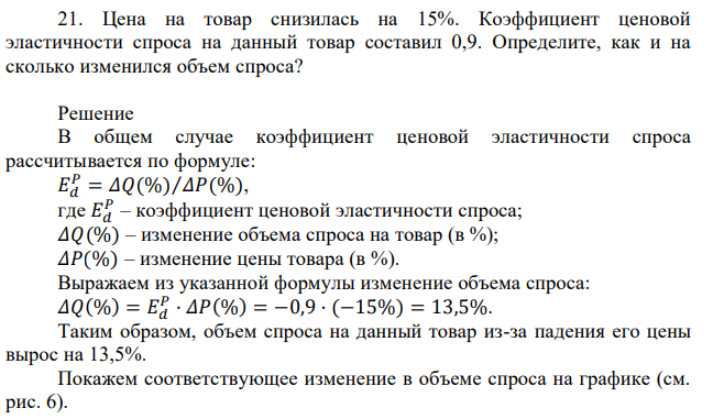 Цена на товар снизилась на 15%. Коэффициент ценовой эластичности спроса на данный товар составил 0,9. Определите, как и на сколько изменился объем спроса? 