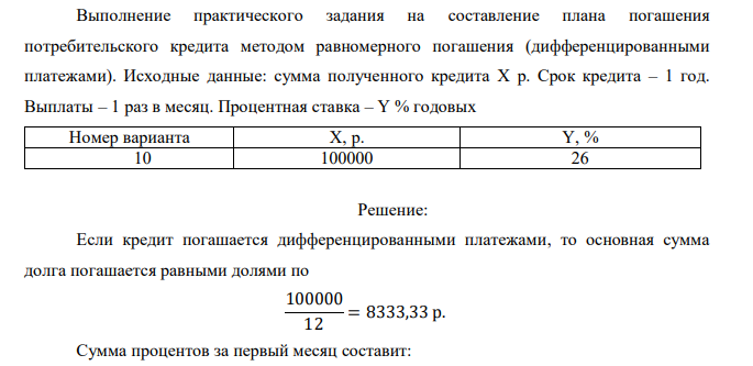  Выполнение практического задания на составление плана погашения потребительского кредита методом равномерного погашения (дифференцированными платежами). Исходные данные: сумма полученного кредита Х р. Срок кредита – 1 год. Выплаты – 1 раз в месяц. Процентная ставка – Y % годовых Номер варианта Х, р. Y, % 10 100000 26 