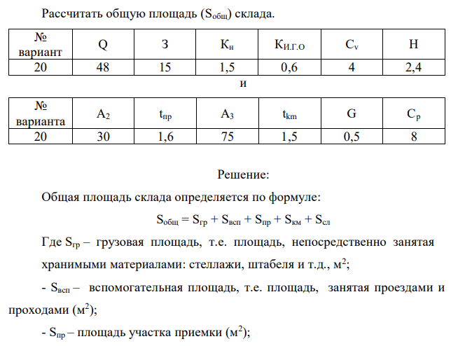  Рассчитать общую площадь (Sобщ) склада. № вариант Q З Кн КИ.Г.О Сv H 20 48 15 1,5 0,6 4 2,4 и № варианта А2 tпр A3 tkm G Cp 20 30 1,6 75 1,5 0,5 8 