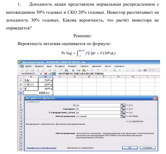  Доходность акции представлена нормальным распределением с матожиданием 50% годовых и СКО 20% годовых. Инвестор рассчитывает на доходность 30% годовых. Какова вероятность, что расчёт инвестора не оправдается? 