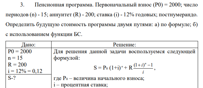  Пенсионная программа. Первоначальный взнос (P0) = 2000; число периодов (n) - 15; аннуитет (R) - 200; ставка (i) - 12% годовых; постнумерандо. Определить будущую стоимость программы двумя путями: а) по формуле; б) с использованием функции БС. 