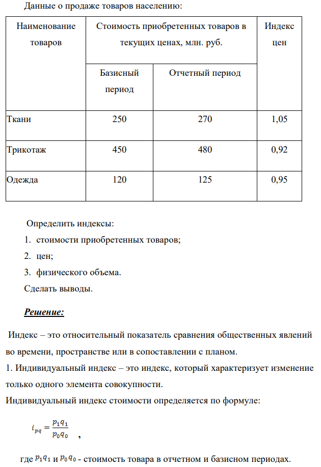 Данные о продаже товаров населению: Наименование товаров Стоимость приобретенных товаров в текущих ценах, млн. руб. Индекс цен Базисный период Отчетный период Ткани 250 270 1,05 Трикотаж 450 480 0,92 Одежда 120 125 0,95 Определить индексы: 1. стоимости приобретенных товаров; 2. цен; 3. физического объема. Сделать выводы.  