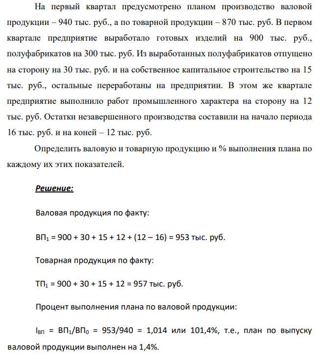 На первый квартал предусмотрено планом производство валовой продукции – 940 тыс. руб., а по товарной продукции – 870 тыс. руб. В первом квартале предприятие выработало готовых изделий на 900 тыс. руб., полуфабрикатов на 300 тыс. руб. Из выработанных полуфабрикатов отпущено на сторону на 30 тыс. руб. и на собственное капитальное строительство на 15 тыс. руб., остальные переработаны на предприятии. В этом же квартале предприятие выполнило работ промышленного характера на сторону на 12 тыс. руб. Остатки незавершенного производства составили на начало периода 16 тыс. руб. и на коней – 12 тыс. руб. Определить валовую и товарную продукцию и % выполнения плана по каждому их этих показателей. 