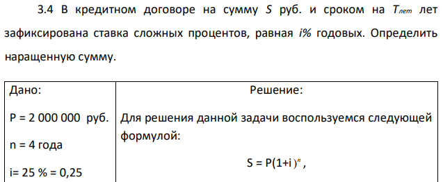 В кредитном договоре на сумму S руб. и сроком на Тлет лет зафиксирована ставка сложных процентов, равная i% годовых. Определить наращенную сумму.