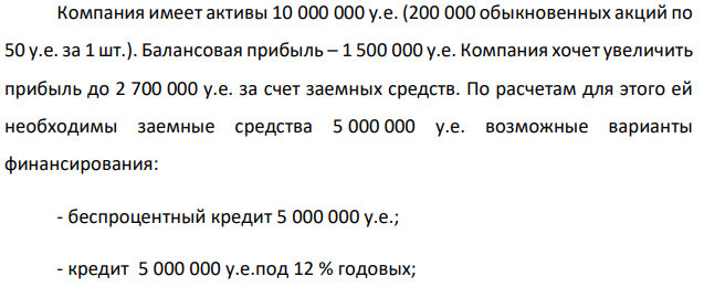 Компания имеет активы 10 000 000 у.е. (200 000 обыкновенных акций по 50 у.е. за 1 шт.). Балансовая прибыль – 1 500 000 у.е. Компания хочет увеличить прибыль до 2 700 000 у.е. за счет заемных средств. По расчетам для этого ей необходимы заемные средства 5 000 000 у.е. возможные варианты финансирования: - беспроцентный кредит 5 000 000 у.е.; - кредит 5 000 000 у.е.под 12 % годовых; - эмиссия 100 000 обыкновенных акций по 50 у.е. за 1 шт.; - эмиссия привилегированных акций с 11%-ными дивидендами. Выбрать оптимальный продукт.  