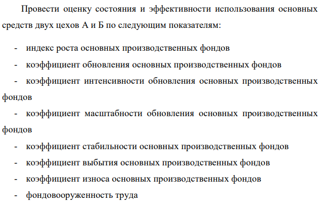 Провести оценку состояния и эффективности использования основных средств двух цехов А и Б по следующим показателям: - индекс роста основных производственных фондов - коэффициент обновления основных производственных фондов - коэффициент интенсивности обновления основных производственных фондов - коэффициент масштабности обновления основных производственных фондов - коэффициент стабильности основных производственных фондов - коэффициент выбытия основных производственных фондов - коэффициент износа основных производственных фондов - фондовооруженность труда Приложение Б Порядковые номера дней в году 434 - фондоотдача - фондоемкость продукции Сделать вывод. Исходные данные представлены в таблице 8.