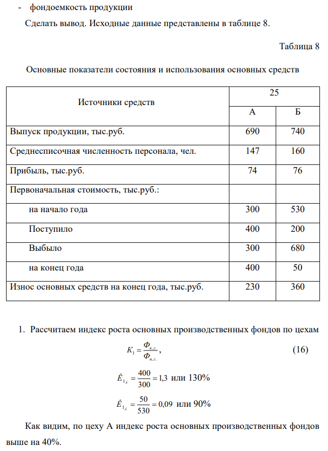 Провести оценку состояния и эффективности использования основных средств двух цехов А и Б по следующим показателям: - индекс роста основных производственных фондов - коэффициент обновления основных производственных фондов - коэффициент интенсивности обновления основных производственных фондов - коэффициент масштабности обновления основных производственных фондов - коэффициент стабильности основных производственных фондов - коэффициент выбытия основных производственных фондов - коэффициент износа основных производственных фондов - фондовооруженность труда Приложение Б Порядковые номера дней в году 434 - фондоотдача - фондоемкость продукции Сделать вывод. Исходные данные представлены в таблице 8.