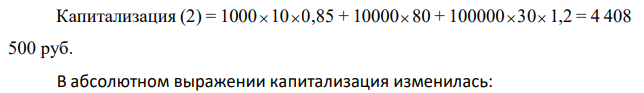 На рынке акций обращаются: - 1000 акций компании «А», имеющие курсовую стоимость 10 рублей - 10000 акций компании «Б», имеющие курсовую стоимость 80 рублей - 100000 акций компании «С», имеющие курсовую стоимость 30 рублей. Как изменилась капитализация рынка акций (в процентах), если курсовая стоимость акций компании «А» упала на 15 %, акций компании «Б» - не изменилась, акций компании «С» – выросла на 20 %? 