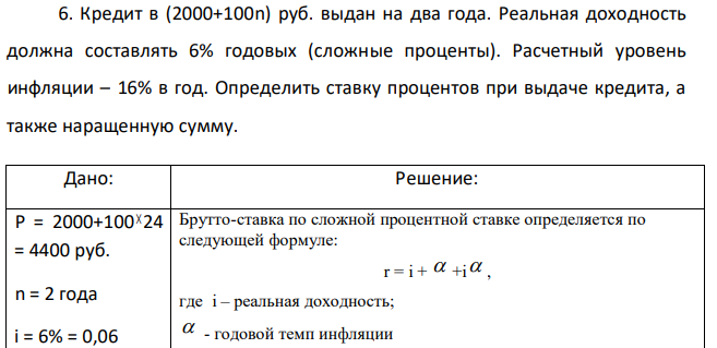 Кредит в (2000+100n) руб. выдан на два года. Реальная доходность должна составлять 6% годовых (сложные проценты). Расчетный уровень инфляции – 16% в год. Определить ставку процентов при выдаче кредита, а также наращенную сумму.  