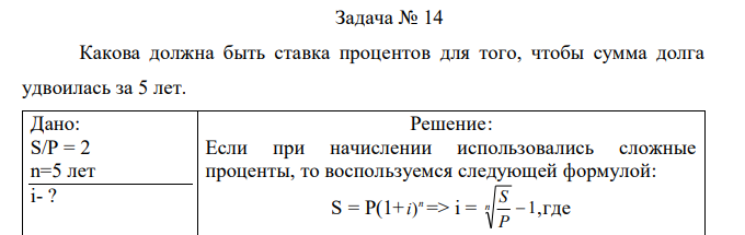 Какова должна быть ставка процентов для того, чтобы сумма долга удвоилась за 5 лет. 