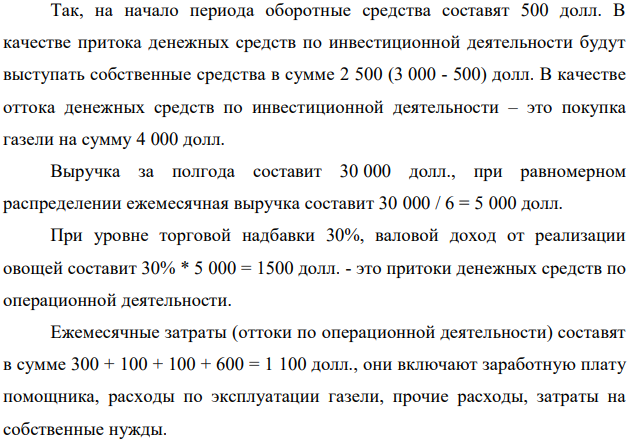 Предприниматель планирует открыть свое предприятие 1 января 200_года, инвестируя в него 3 000 долл. Он предполагает купить за 4 000 долл. газель для перевозки овощей в магазины. Гараж для газели будет взять в аренду на условиях 500 долл. в квартал, которые будут выплачиваться авансом. Для оборудования гаража и газели потребуются дополнительные затраты в сумме 2 500 долл. Предполагается, что выручка от реализации овощей в ближайшие полгода составит 30 000 долл. и будет равномерно распределена в этом периоде. Торговая надбавка над закупочной ценой овощей составит 30%. Овощи будут закупаться и реализовываться еженедельно за наличные. Для начала деятельности необходимы оборотные средства в размере 500 долл. Текущие ежемесячные расходы составят: Заработная плата помощника – 300 долл. (включая все налоги); Расходы по эксплуатации газели- 100 долл.; Прочие расходы- 100 долл.; Затраты на собственные нужды – 600 долл. Необходимо подготовить прогноз денежного потока с января по июль.  Определить потребность в дополнительном финансировании 