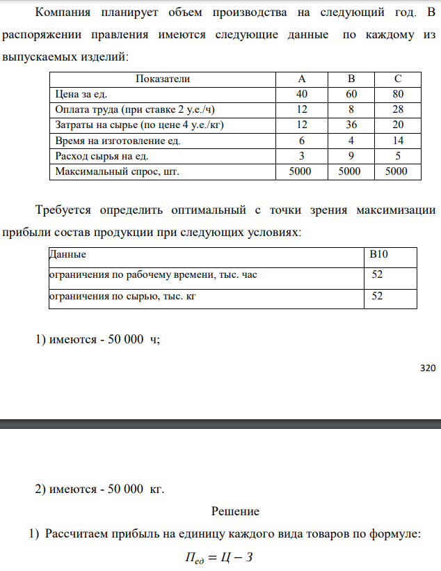 Компания планирует объем производства на следующий год. В распоряжении правления имеются следующие данные по каждому из выпускаемых изделий:  Требуется определить оптимальный с точки зрения максимизации прибыли состав продукции при следующих условиях:  1) имеются - 50 000 ч;  2) имеются - 50 000 кг. 