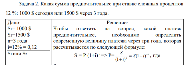 Какая сумма предпочтительнее при ставке сложных процентов 12 %: 1000 $ сегодня или 1500 $ через 3 года.  