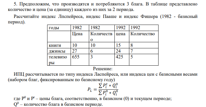  Предположим, что производятся и потребляются 3 блага. В таблице представлено количество и цена (за единицу) каждого из них за 2 периода. Рассчитайте индекс Лпспейреса, индекс Пааше и индекс Фишера (1982 - базисный период). годы 1982 1982 1992 1992 Цена Количеств о цена Количество книги 10 10 15 8 джинсы 27 6 24 7 телевизо ры 655 3 425 5 