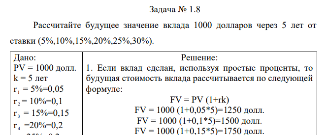 Рассчитайте будущее значение вклада 1000 долларов через 5 лет от ставки (5%,10%,15%,20%,25%,30%). 