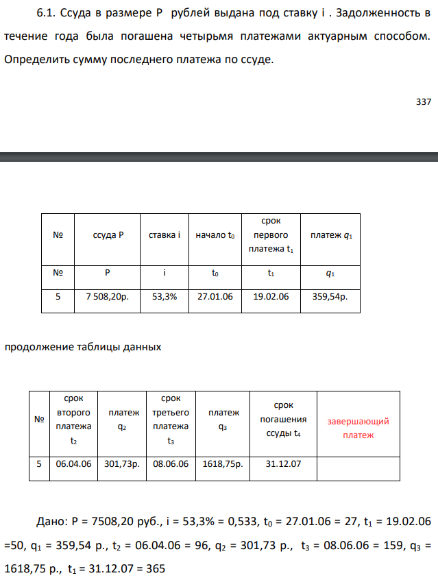 Ссуда в размере P рублей выдана под ставку i . Задолженность в течение года была погашена четырьмя платежами актуарным способом. Определить сумму последнего платежа по ссуде.  продолжение таблицы данных  Дано: P = 7508,20 руб., i = 53,3% = 0,533, t0 = 27.01.06 = 27, t1 = 19.02.06 =50, q1 = 359,54 p., t2 = 06.04.06 = 96, q2 = 301,73 p., t3 = 08.06.06 = 159, q3 = 1618,75 p., t1 = 31.12.07 = 365 Найти: q4 