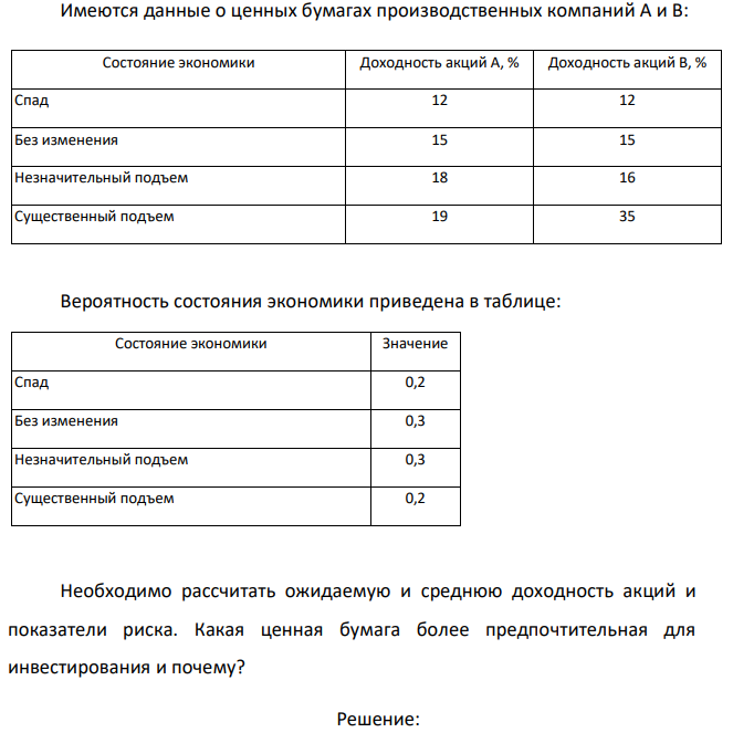 Имеются данные о ценных бумагах производственных компаний А и В:  Необходимо рассчитать ожидаемую и среднюю доходность акций и показатели риска. Какая ценная бумага более предпочтительная для инвестирования и почему? 