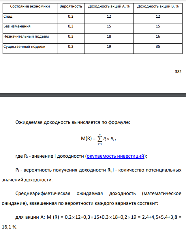 Имеются данные о ценных бумагах производственных компаний А и В:  Необходимо рассчитать ожидаемую и среднюю доходность акций и показатели риска. Какая ценная бумага более предпочтительная для инвестирования и почему? 