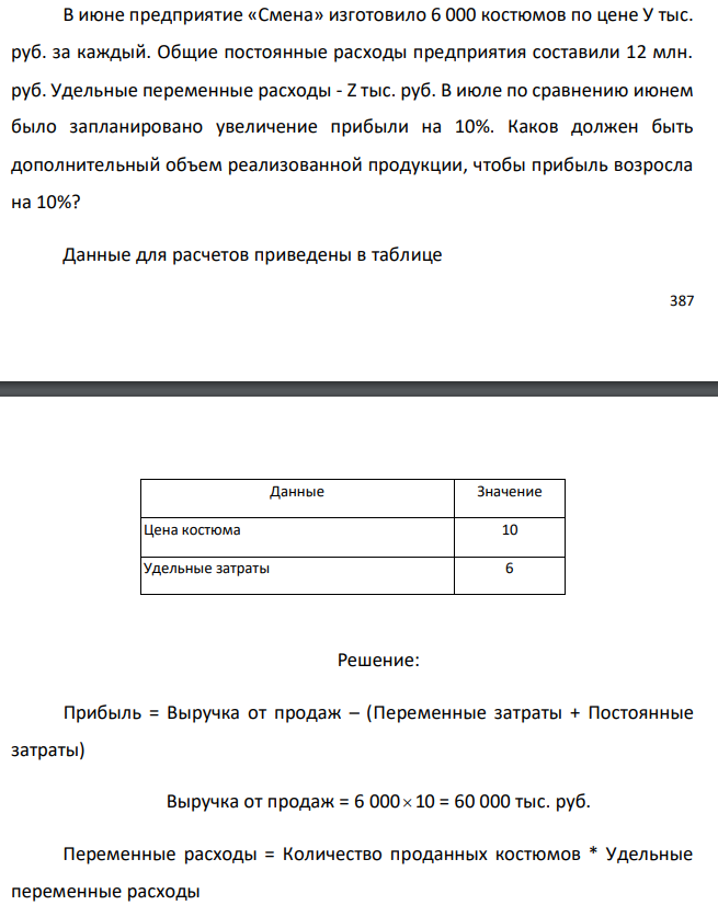 В июне предприятие «Смена» изготовило 6 000 костюмов по цене У тыс. руб. за каждый. Общие постоянные расходы предприятия составили 12 млн. руб. Удельные переменные расходы - Z тыс. руб. В июле по сравнению июнем было запланировано увеличение прибыли на 10%. Каков должен быть дополнительный объем реализованной продукции, чтобы прибыль возросла на 10%? Данные для расчетов приведены в таблице 