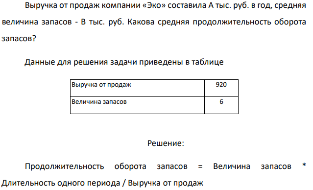 Выручка от продаж компании «Эко» составила А тыс. руб. в год, средняя величина запасов - В тыс. руб. Какова средняя продолжительность оборота запасов? Данные для решения задачи приведены в таблице