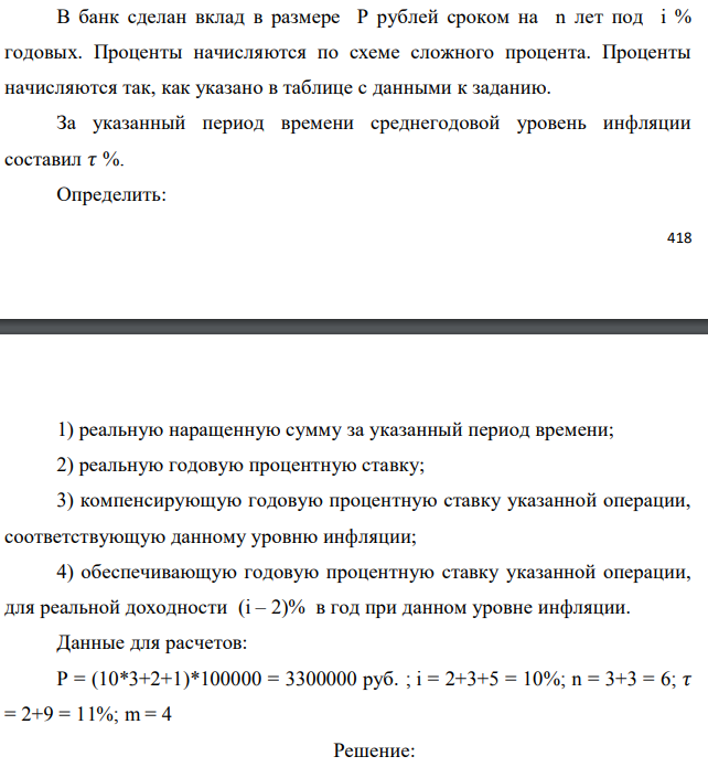 В банк сделан вклад в размере P рублей сроком на n лет под i % годовых. Проценты начисляются по схеме сложного процента. Проценты начисляются так, как указано в таблице с данными к заданию. За указанный период времени среднегодовой уровень инфляции составил 𝜏 %. Определить:  1) реальную наращенную сумму за указанный период времени; 2) реальную годовую процентную ставку; 3) компенсирующую годовую процентную ставку указанной операции, соответствующую данному уровню инфляции; 4) обеспечивающую годовую процентную ставку указанной операции, для реальной доходности (i – 2)% в год при данном уровне инфляции. Данные для расчетов: P = (10*3+2+1)*100000 = 3300000 руб. ; i = 2+3+5 = 10%; n = 3+3 = 6; 𝜏 = 2+9 = 11%; m = 4