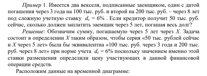  Имеется два векселя, подписанные заемщиком, один с датой погашения через 3 года на 100 тыс. руб. и второй на 200 тыс. руб. – через 8 лет под сложную учетную ставку dс = 6% . Если кредитор получит 50 тыс. руб. сейчас, сколько должен заплатить заемщик через 5 лет, погашая весь долг? 