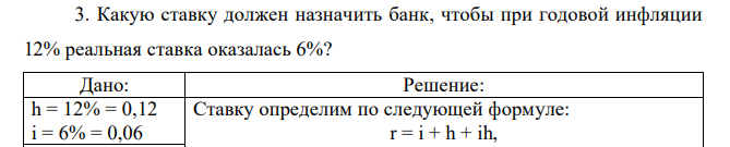 Какую ставку должен назначить банк, чтобы при годовой инфляции 12% реальная ставка оказалась 6%? 