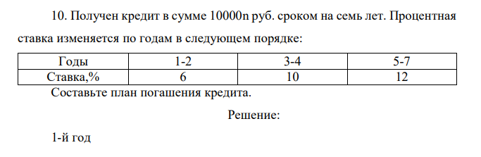 Получен кредит в сумме 10000n руб. сроком на семь лет. Процентная ставка изменяется по годам в следующем порядке: Годы 1-2 3-4 5-7 Ставка,% 6 10 12 Составьте план погашения кредита.  