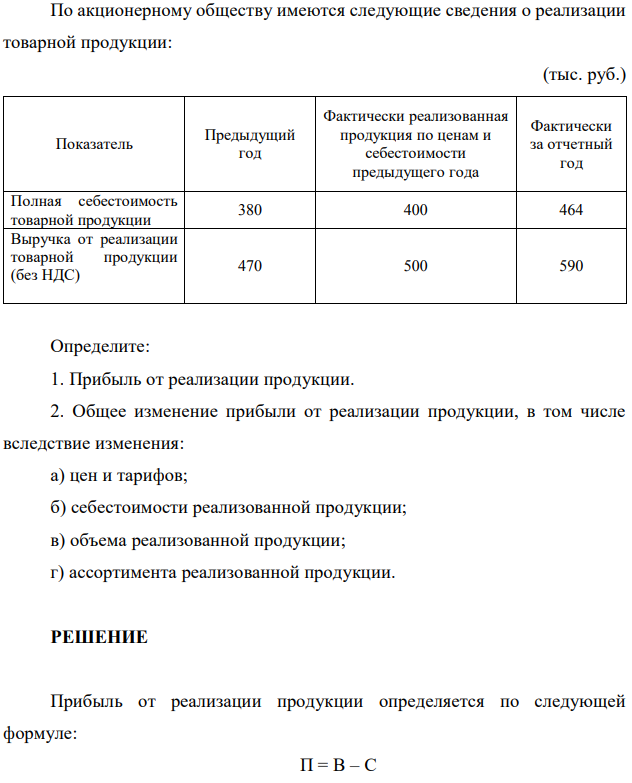 По акционерному обществу имеются следующие сведения о реализации товарной продукции:   Определите: 1. Прибыль от реализации продукции. 2. Общее изменение прибыли от реализации продукции, в том числе вследствие изменения: а) цен и тарифов; б) себестоимости реализованной продукции; в) объема реализованной продукции; г) ассортимента реализованной продукции. 