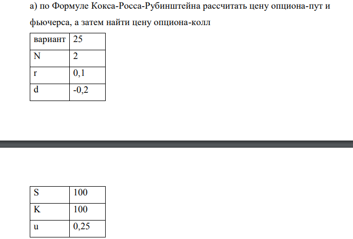  По Формуле Кокса-Росса-Рубинштейна рассчитать цену опциона-пут и фьючерса, а затем найти цену опциона-колл вариант 25 N 2 r 0,1 d -0,2 S 100 K 100 u 0,25 