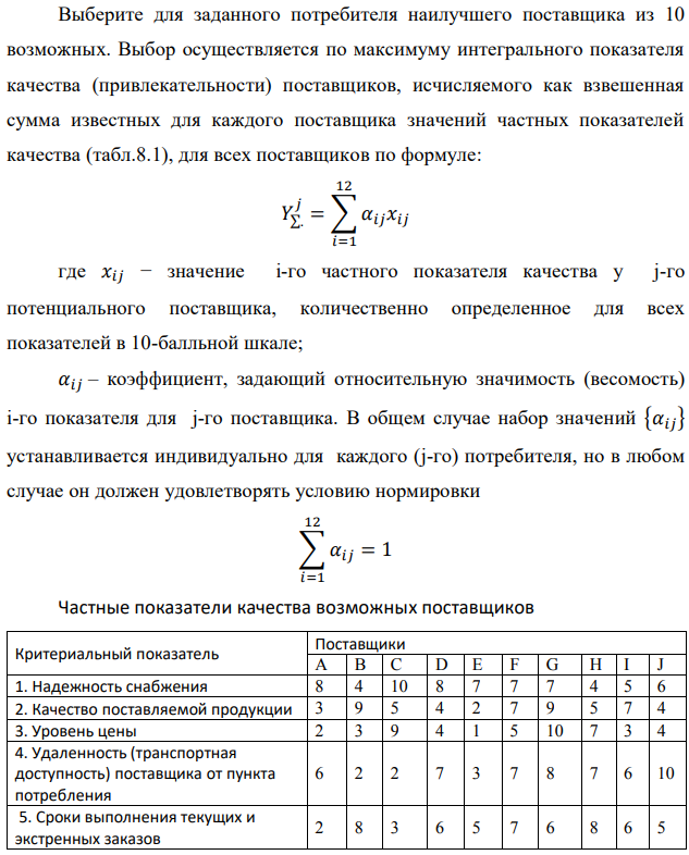 Выберите для заданного потребителя наилучшего поставщика из 10 возможных. Выбор осуществляется по максимуму интегрального показателя качества (привлекательности) поставщиков, исчисляемого как взвешенная сумма известных для каждого поставщика значений частных показателей качества (табл.8.1), для всех поставщиков по формуле:   где 𝑥𝑖𝑗 − значение i-го частного показателя качества у j-го потенциального поставщика, количественно определенное для всех показателей в 10-балльной шкале; 𝛼𝑖𝑗 – коэффициент, задающий относительную значимость (весомость) i-го показателя для j-го поставщика. В общем случае набор значений {𝛼𝑖𝑗} устанавливается индивидуально для каждого (j-го) потребителя, но в любом случае он должен удовлетворять условию нормировки  Частные показатели качества возможных поставщиков 