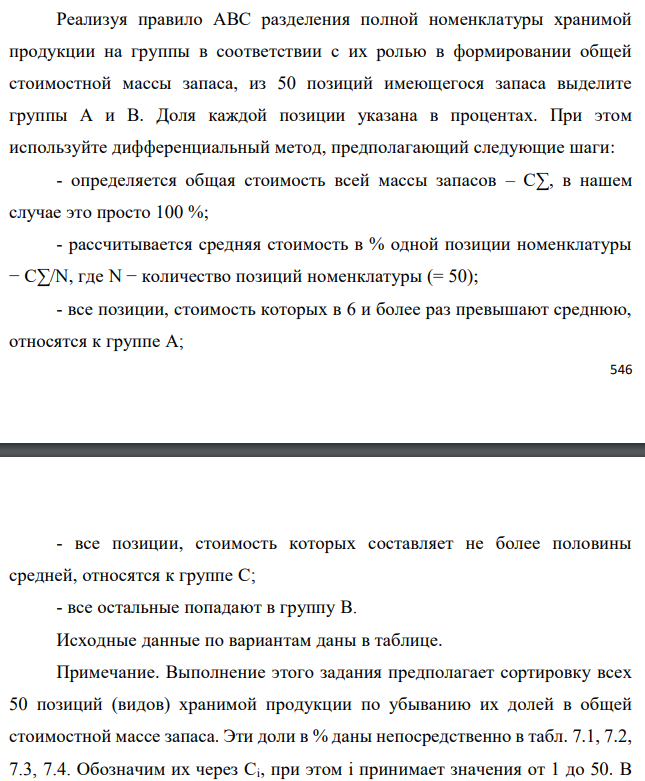 Реализуя правило АВС разделения полной номенклатуры хранимой продукции на группы в соответствии с их ролью в формировании общей стоимостной массы запаса, из 50 позиций имеющегося запаса выделите группы А и В. Доля каждой позиции указана в процентах. При этом используйте дифференциальный метод, предполагающий следующие шаги: - определяется общая стоимость всей массы запасов – С∑, в нашем случае это просто 100 %; - рассчитывается средняя стоимость в % одной позиции номенклатуры − С∑/N, где N − количество позиций номенклатуры (= 50); - все позиции, стоимость которых в 6 и более раз превышают среднюю, относятся к группе А;  - все позиции, стоимость которых составляет не более половины средней, относятся к группе С; - все остальные попадают в группу В. Исходные данные по вариантам даны в таблице. Примечание. Выполнение этого задания предполагает сортировку всех 50 позиций (видов) хранимой продукции по убыванию их долей в общей стоимостной массе запаса. Эти доли в % даны непосредственно в табл. 7.1, 7.2, 7.3, 7.4. Обозначим их через Ci, при этом i принимает значения от 1 до 50. В нашем случае средняя доля одной позиции 𝐶̅= 100%/50 = 2%. К группе А следует отнести наиболее весомые позиции с удельным весом не менее 𝐶̅∙ 6 =12%. К группе С относятся позиции с удельным весом от нуля до 𝐶̅∙ 0,5= 1% включительно (это самые мелкие позиции). Все остальные позиции с удельным весом от 1% исключительно до 12% исключительно относятся к группе В (средней по экономической значимости в задачах управления запасами). В случае нашего задания, как и в большинстве практических ситуаций, группа А является самой малочисленной (обычно 2÷3 позиции), группа С, наоборот, обычно не менее 2/3 от всех позиций. Поэтому в ответе рекомендуется привести состав только для групп А и В. 