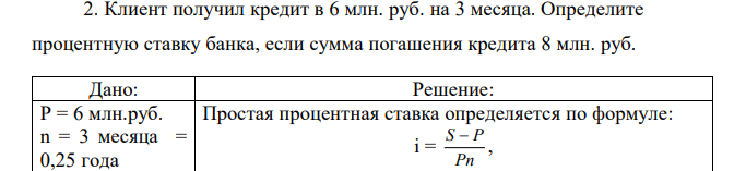 Клиент получил кредит в 6 млн. руб. на 3 месяца. Определите процентную ставку банка, если сумма погашения кредита 8 млн. руб.