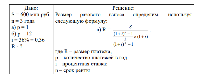Организация создает фонд в 600 млн. руб. Намечено создать его в течении 3 лет: а) равными годовыми платежами в начале каждого года, б) равными ежемесячными платежами в начале месяца. Процентная ставка банка - 36%, и проценты начисляются один раз в год. Определите величину разового платежа. 