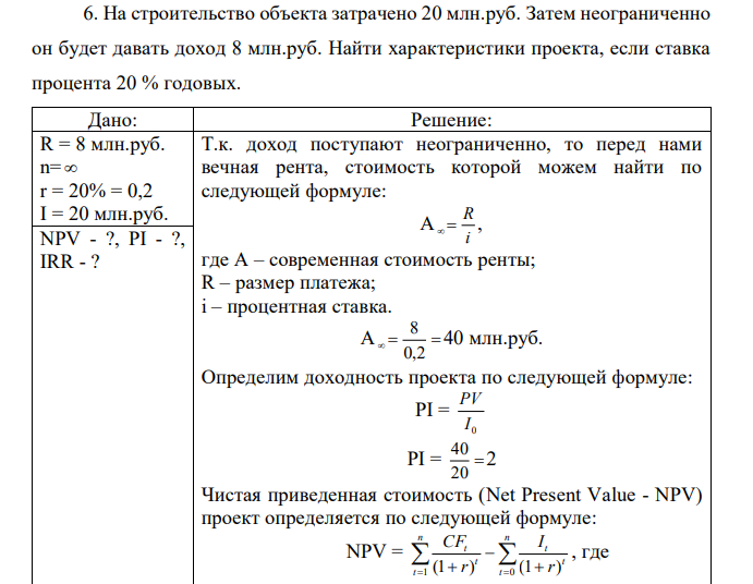 На строительство объекта затрачено 20 млн.руб. Затем неограниченно он будет давать доход 8 млн.руб. Найти характеристики проекта, если ставка процента 20 % годовых.  