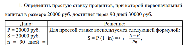 Определить простую ставку процентов, при которой первоначальный капитал в размере 20000 руб. достигнет через 90 дней 30000 руб.  