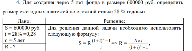 Для создания через 5 лет фонда в размере 600000 руб. определить размер ежегодных платежей по сложной ставке 28 % годовых.