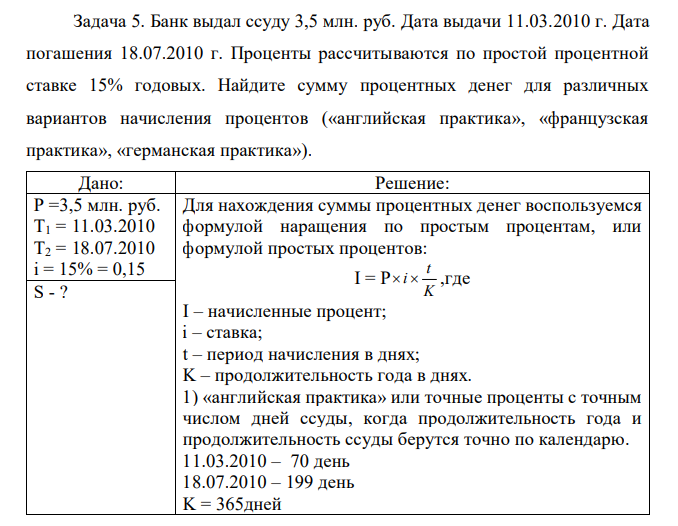  Банк выдал ссуду 3,5 млн. руб. Дата выдачи 11.03.2010 г. Дата погашения 18.07.2010 г. Проценты рассчитываются по простой процентной ставке 15% годовых. Найдите сумму процентных денег для различных вариантов начисления процентов («английская практика», «французская практика», «германская практика»). 