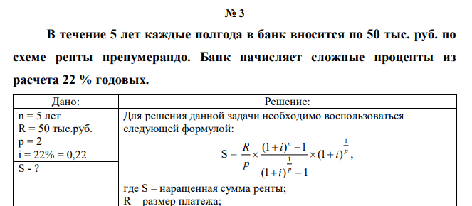  В течение 5 лет каждые полгода в банк вносится по 50 тыс. руб. по схеме ренты пренумерандо. Банк начисляет сложные проценты из расчета 22 % годовых. 