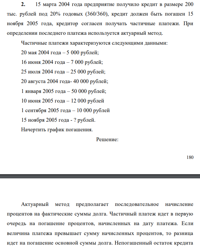  15 марта 2004 года предприятие получило кредит в размере 200 тыс. рублей под 20% годовых (360/360), кредит должен быть погашен 15 ноября 2005 года, кредитор согласен получать частичные платежи. При определении последнего платежа используется актуарный метод. Частичные платежи характеризуются следующими данными: 20 мая 2004 года – 5 000 рублей; 16 июня 2004 года – 7 000 рублей; 25 июля 2004 года – 25 000 рублей; 20 августа 2004 года- 40 000 рублей; 1 января 2005 года – 50 000 рублей; 10 июня 2005 года – 12 000 рублей 1 сентября 2005 года – 10 000 рублей 15 ноября 2005 года - ? рублей. Начертить график погашения. 